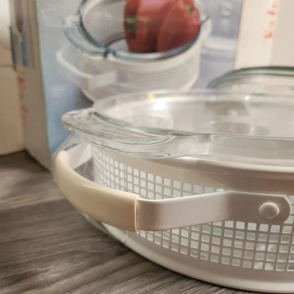 Vintage Tech by Beucler 2 Qt Casserole Server Glass with Lid White Vinyl Handles